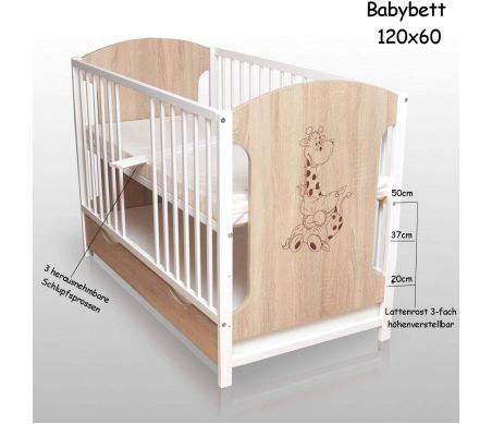 Dedstore-Baby Babybett mit Matratze 120x60 cm Höhenverstellbar, Komplett Set